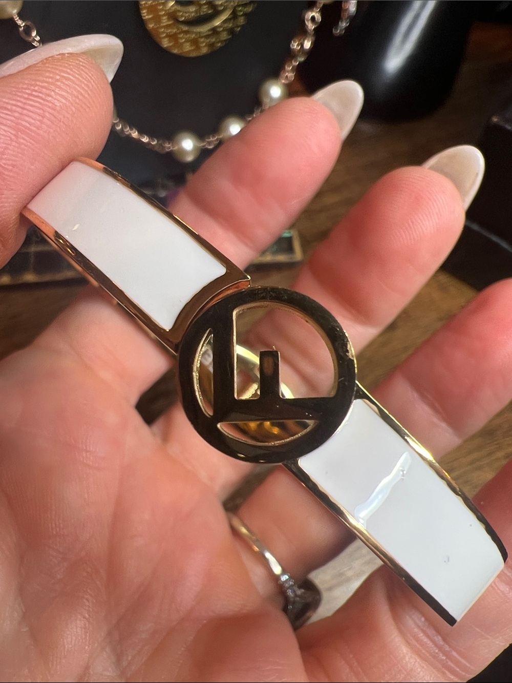 White Enamel and Gold-Tone Bracelet with Circular Accent